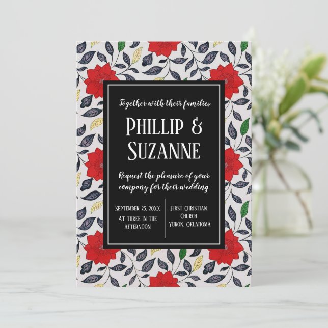 Convite Vintage Red Floral Pattern Wedding (Em pé/Frente)