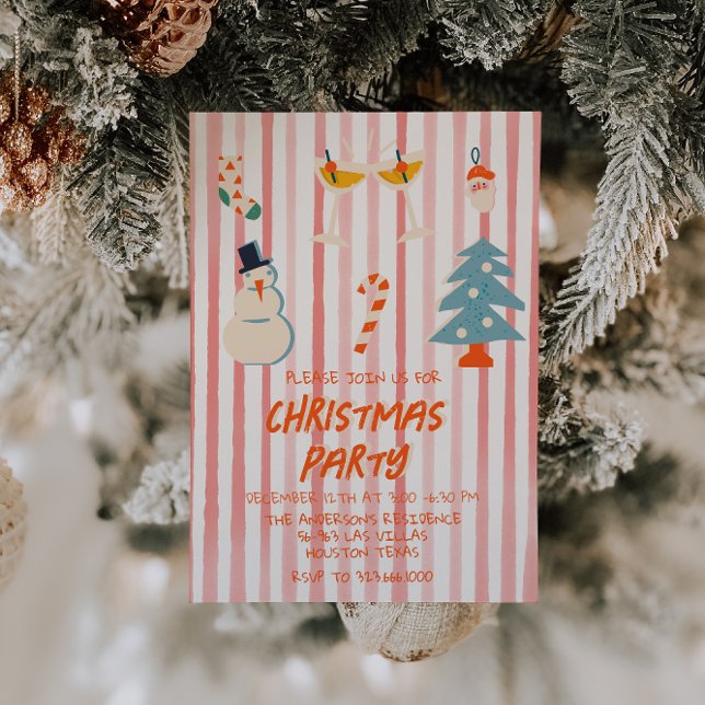 Convite Vintage Red Ilustrated Christmas Party Striped (Criador carregado)