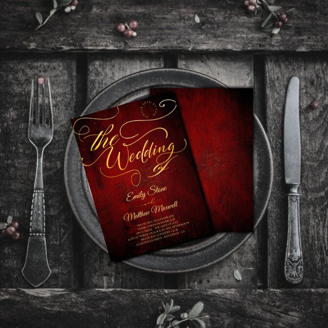 Convite Vintage Red Paraminho Budget, Calliografia Dourada (Criador carregado)