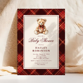 Convite Vintage Red Plaid Classic Teddy Bear Baby Shower