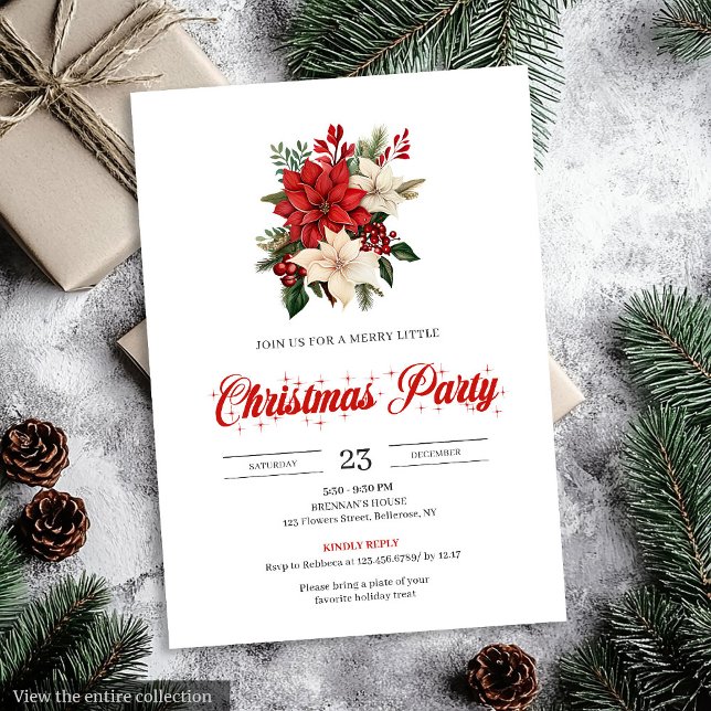 Convite Vintage Red Poinsettia Botanical Merry Christmas  (Vintage Red Poinsettia Botanical Merry Christmas Invitation)