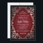 Convite Vintage Red Silver Princess Tiara Sweet 16<br><div class="desc">Vintage Red Silver Princesa Tiara Sweet 16 Convite de Aniversário</div>