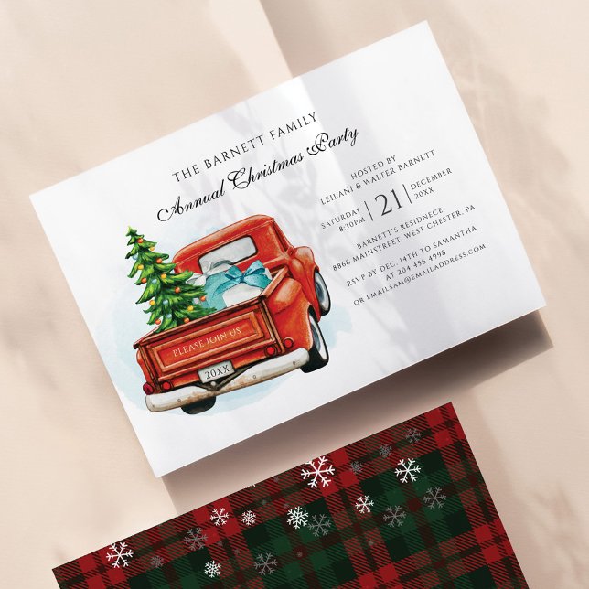 Convite Vintage Red Truck Festa de Natal (Rustic Plaid Old Red Truck Christmas Holidays Family Party Invitation)