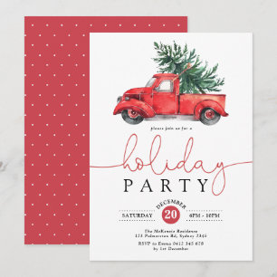 Convite Vintage Red Truck & Pine Tree Holiday Party (Festa