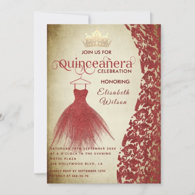 Convite Vintage Red Vdamask gold tiara Quinceañera (Frente)
