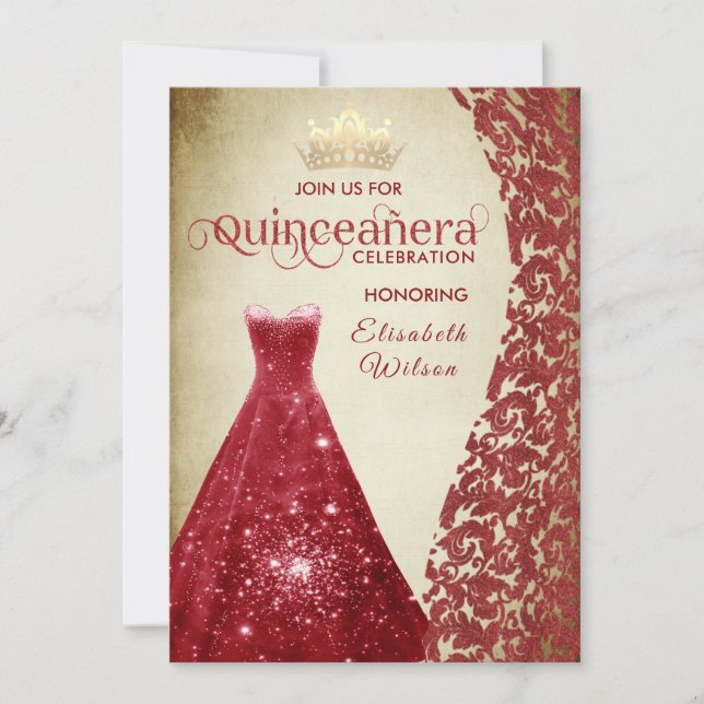 Convite Vintage Red Vdamask gold tiara Quinceañera I (Frente)
