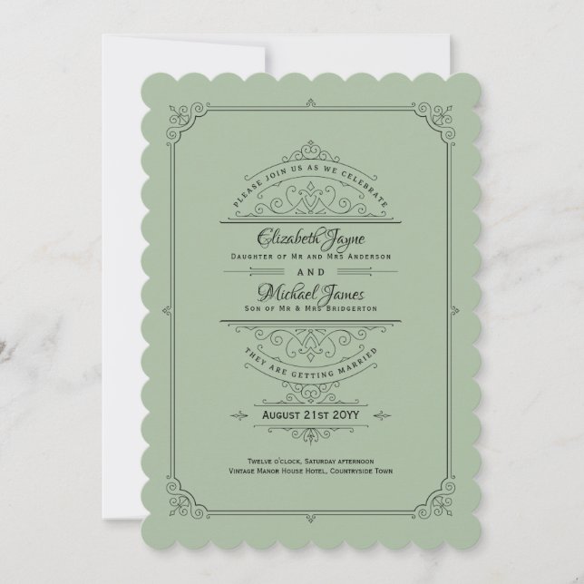 Convite Vintage Regency Sage Green Wedding (Frente)