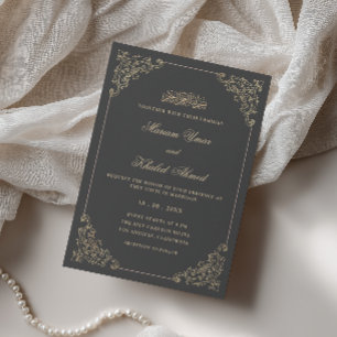Convite Vintage Renda Casamento Muçulmano Cinza Carvão Dou
