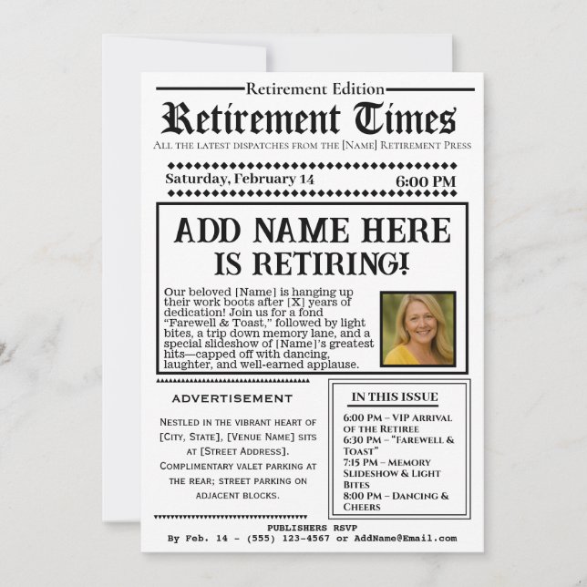 Convite Vintage “Retirement Times” Newspaper Invitation (Frente)