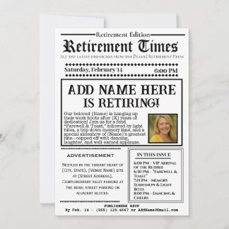 Convite Vintage “Retirement Times” Newspaper Invitation