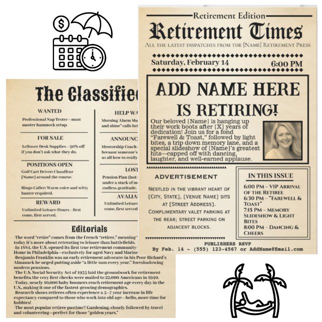 Convite Vintage “Retirement Times” Newspaper Invitation  (Criador carregado)