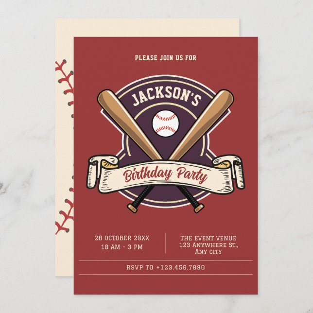 Convite Vintage retro beisebol no aniversário (Frente/Verso)