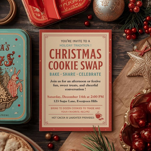 Convite Vintage Retro Christmas Cookie Swap (Criador carregado)