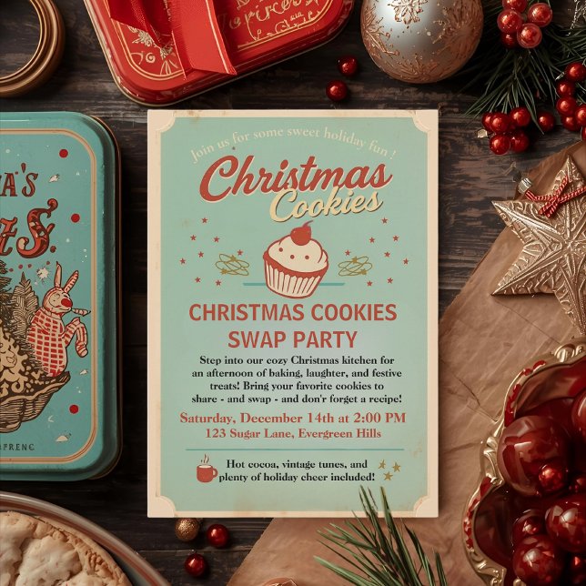 Convite Vintage Retro Christmas Cookies Swap  (Criador carregado)