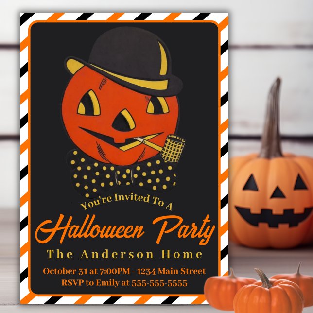 Convite Vintage Retro Pumpkin Man with Pipe Halloween (Vintage Retro Pumpkin Man with Pipe Halloween Invitation)