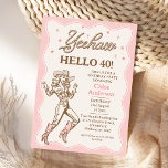 Convite Vintage Retro Rosa Yeehaw aniversário de 40 anos<br><div class="desc">Vintage Retro Pink Yeehaw Cowgirl aniversário de 40 anos Convite para aniversário de 40 anos Rosa e Marrom ou convite temático da Vintage Retro Pink com imagem de vaquinha de linha, texto em estilo de corda, estrelas e borda recortada. Este convite de aniversário de 40 cowgirl é ideal para um...</div>