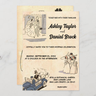 Convite Vintage Retro Rustic Old Na moda Modern Wedn