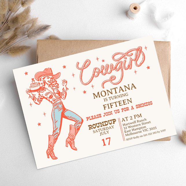 Convite Vintage Retro Vermelho Qualquer Vaca Idade Anivers (Cowgirl Birthday Invitation, Any Age, Vintage Retro Cowgirl Birthday Invitation, Rodeo Western Wild)