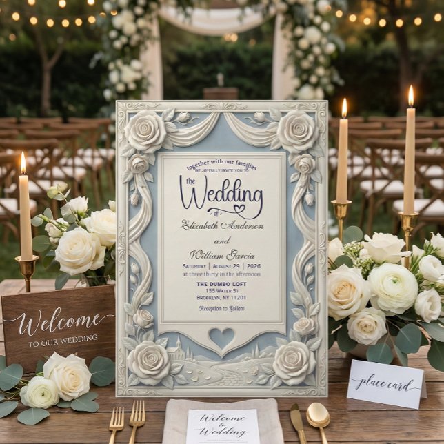 Convite Vintage Romantic Neoclassical Blue 3D Rose  (Criador carregado)