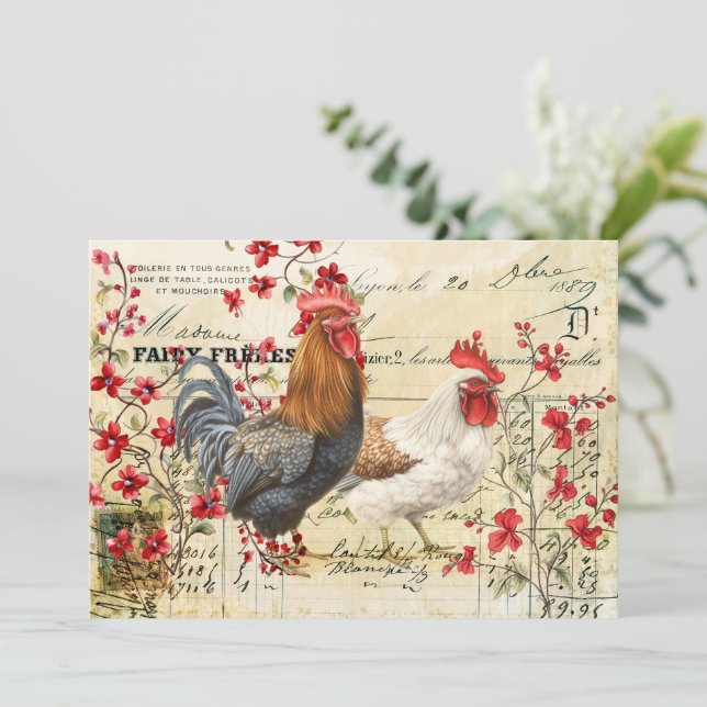Convite Vintage Rooster e Hen Ephemera Decoupage (Em pé/Frente)