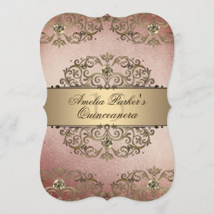 Convite Vintage Rosa Dourado, Damask Quinceanera