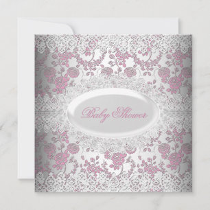Convite Vintage Rosa Menina Chuvada de Bebê Renda Damask