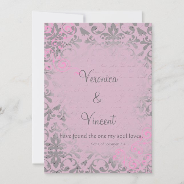 Convite Vintage, rosa romântico e Casamento tema damasco d (Frente)