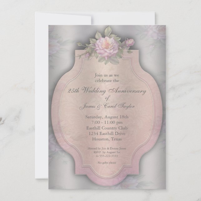 Convite Vintage Rosa Silver 25 Anniversário (Frente)