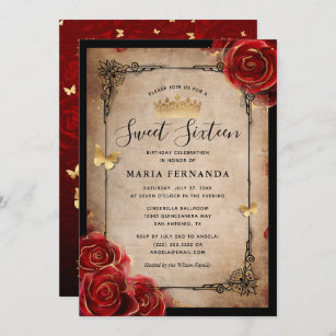 Convite Vintage Rosa vermelha Dourada Elegante Negra Doce 