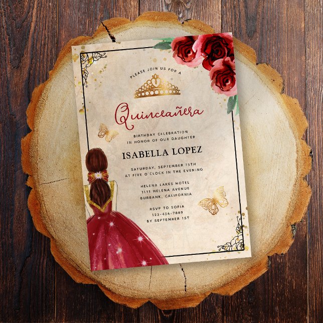 Convite Vintage Rosa vermelha Dourada Elegante Quinceañera (Criador carregado)