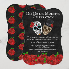 Convite Vintage Rosa vermelha Sugar Skulls Dia De Muertos