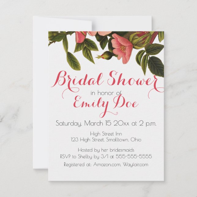 Convite Vintage Rosas Belos Botânicos Rosa (Frente)