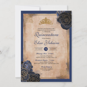 Convite Vintage Rosas Douradas Azul-Marinho Royal Quincean