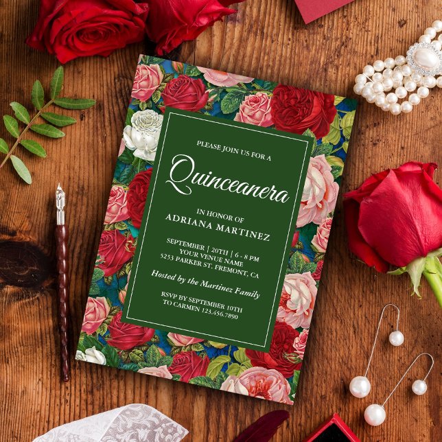 Convite Vintage Rosas vermelhas Românticas Quinceanera Flo (Criador carregado)