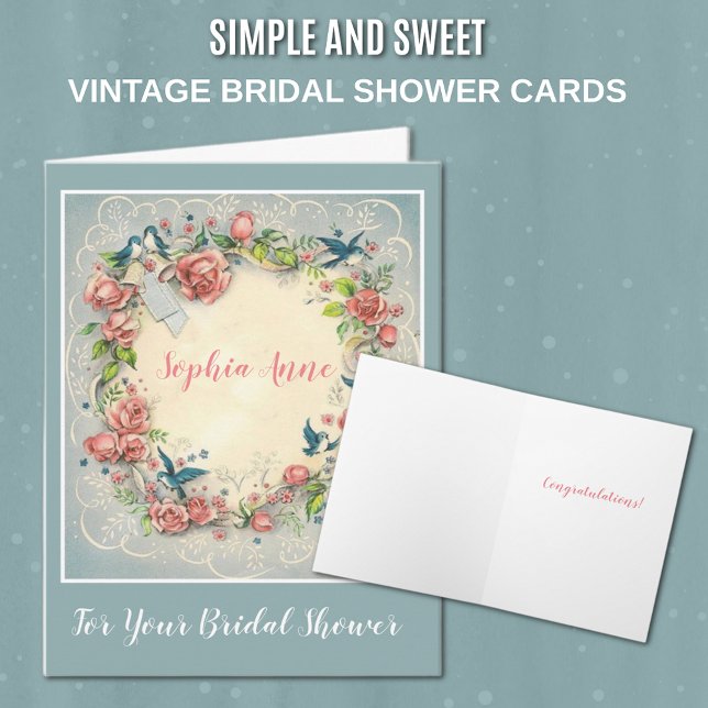 Convite Vintage Roses, Lace & Blue Birds All Occasion (Sweet Vintage Bridal Shower Congratulations Card with roses and blue birds)