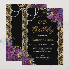 Convite Vintage Roxo Floral Antiquado Dourado Lace Anivers