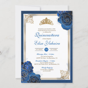 Convite Vintage Royal Blue Dourada Rosas Royal Quinceanera