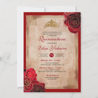 Convite Vintage Ruby Red & Dourados Rosas Royal Quinceaner
