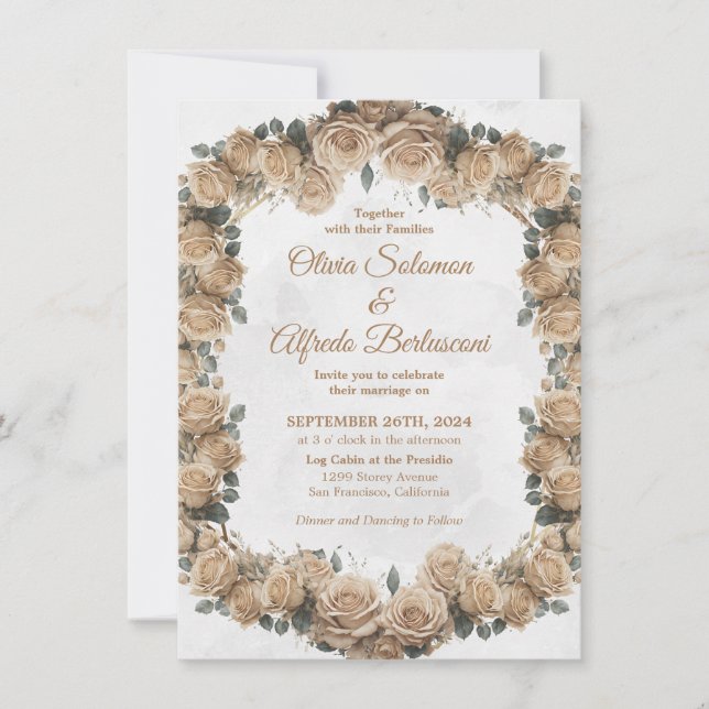 Convite Vintage Rustic Beige Ouro Rosa Wedding (Frente)