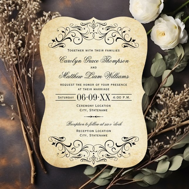 Convite Vintage Rustic Black Flourish Parerging Casamento (Criador carregado)
