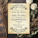 Convite Vintage Rustic Black Flourish Parerging Casamento<br><div class="desc">Negras decorativas e floresces enquadram esta elegante design de convite para casamento da tipografia vintage. O fundo de marfim rústico é impresso com uma aparência texturizada de papel pergaminho envelhecido. Personalize o texto personalizado na moda para sua cerimônia de casamento e recepção.</div>