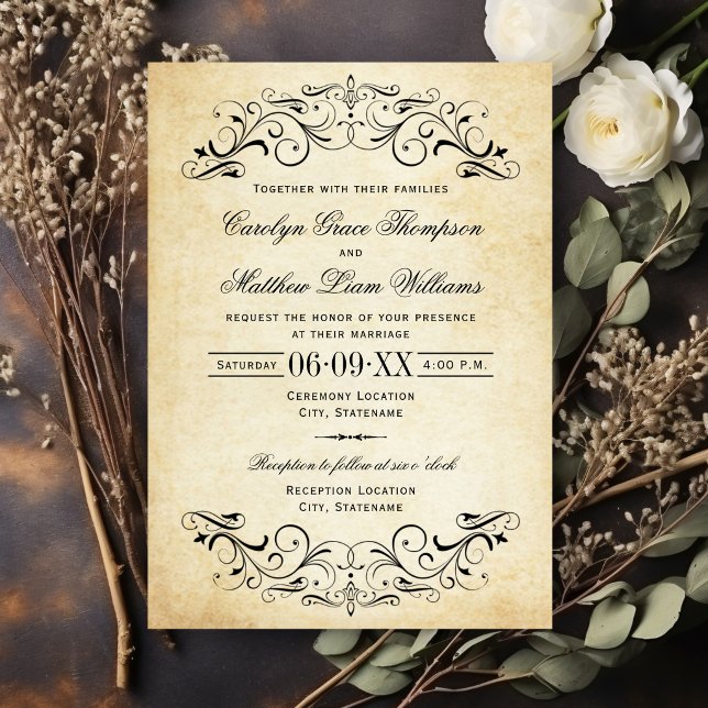 Convite Vintage Rustic Black Flourish Parerging Casamento (Criador carregado)