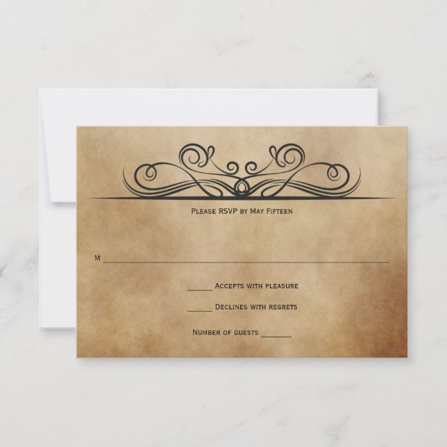 Convite Vintage Rustic Brown com Black Scrols RSVP (Frente)