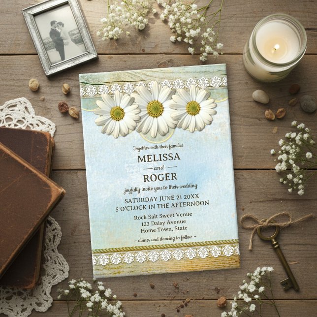Convite Vintage Rustic Floral Country Wedding (Wedding invitation featuring white daisies on a rustic painted background with wood and lace)