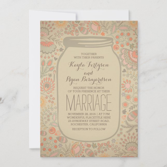 Convite Vintage Rustic Floral Mason Jar Wedding (Frente)