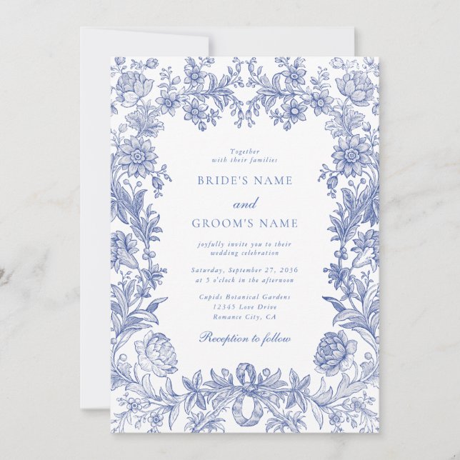 Convite Vintage Rustic French Blue Floral Casamento (Frente)