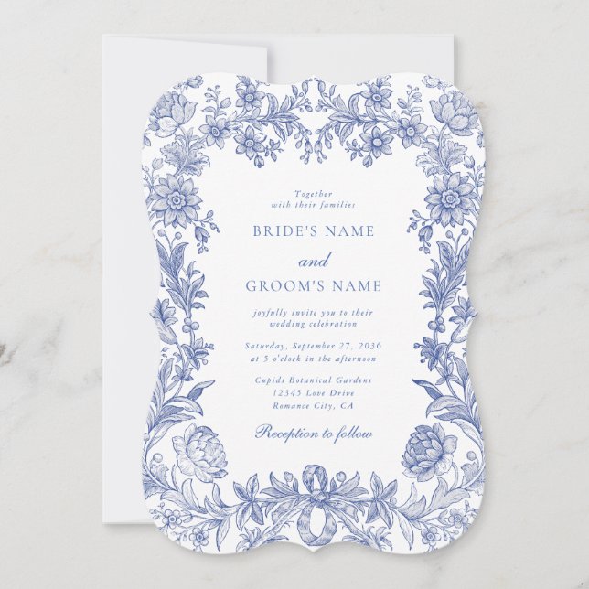 Convite Vintage Rustic French Blue Floral Casamento (Frente)
