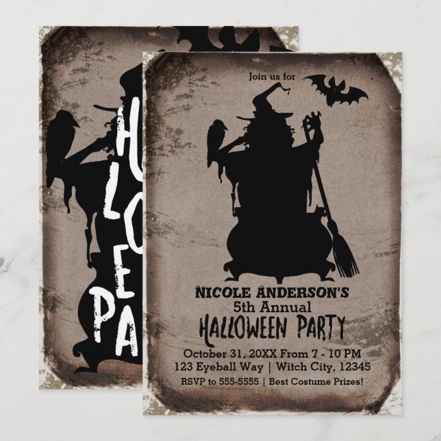 Convite Vintage Rustic Halloween Witeen Cauldron Party (Frente/Verso)