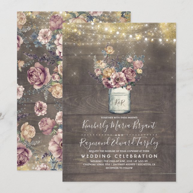 Convite Vintage Rustic Mason Jar Mauve e Dourado Casamento (Frente/Verso)