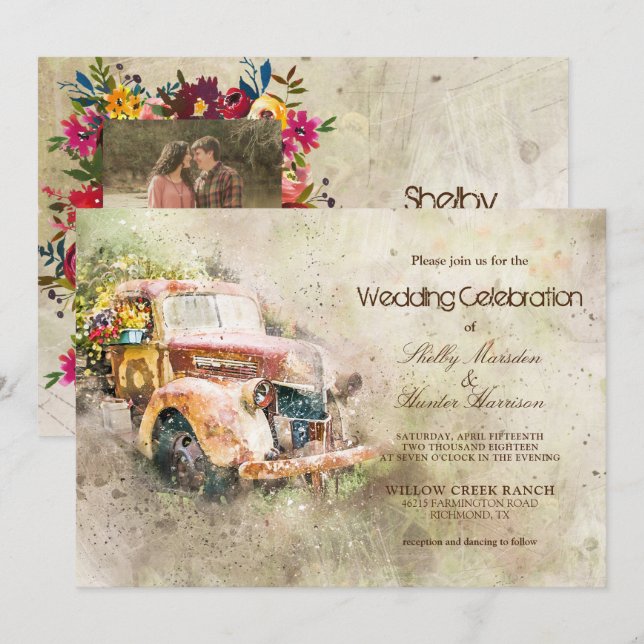 Convite Vintage Rustic Old Truck Trendy Casamento Fotográf (Frente/Verso)